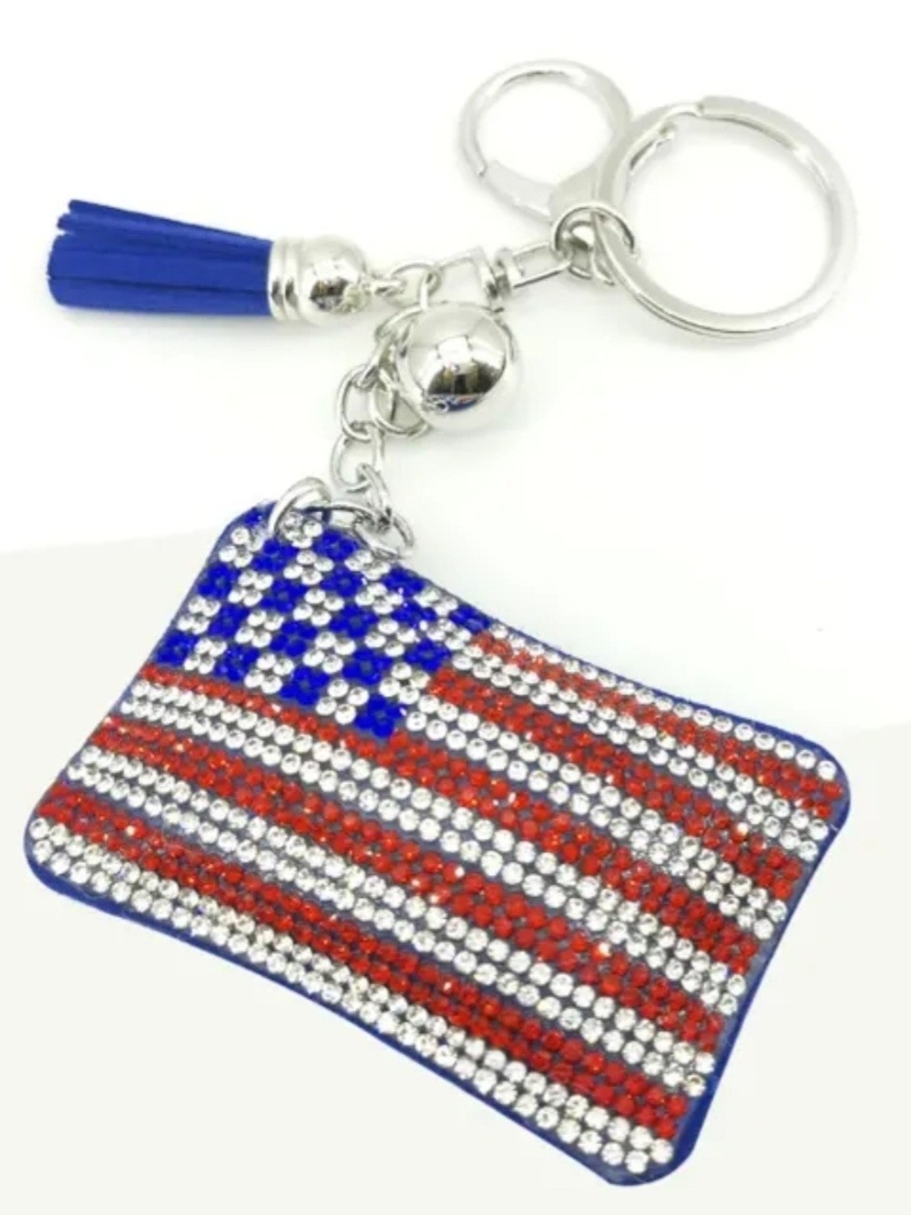 Rhinestone American Flag Keychain Bag Charm WithBlue Tassel NWT